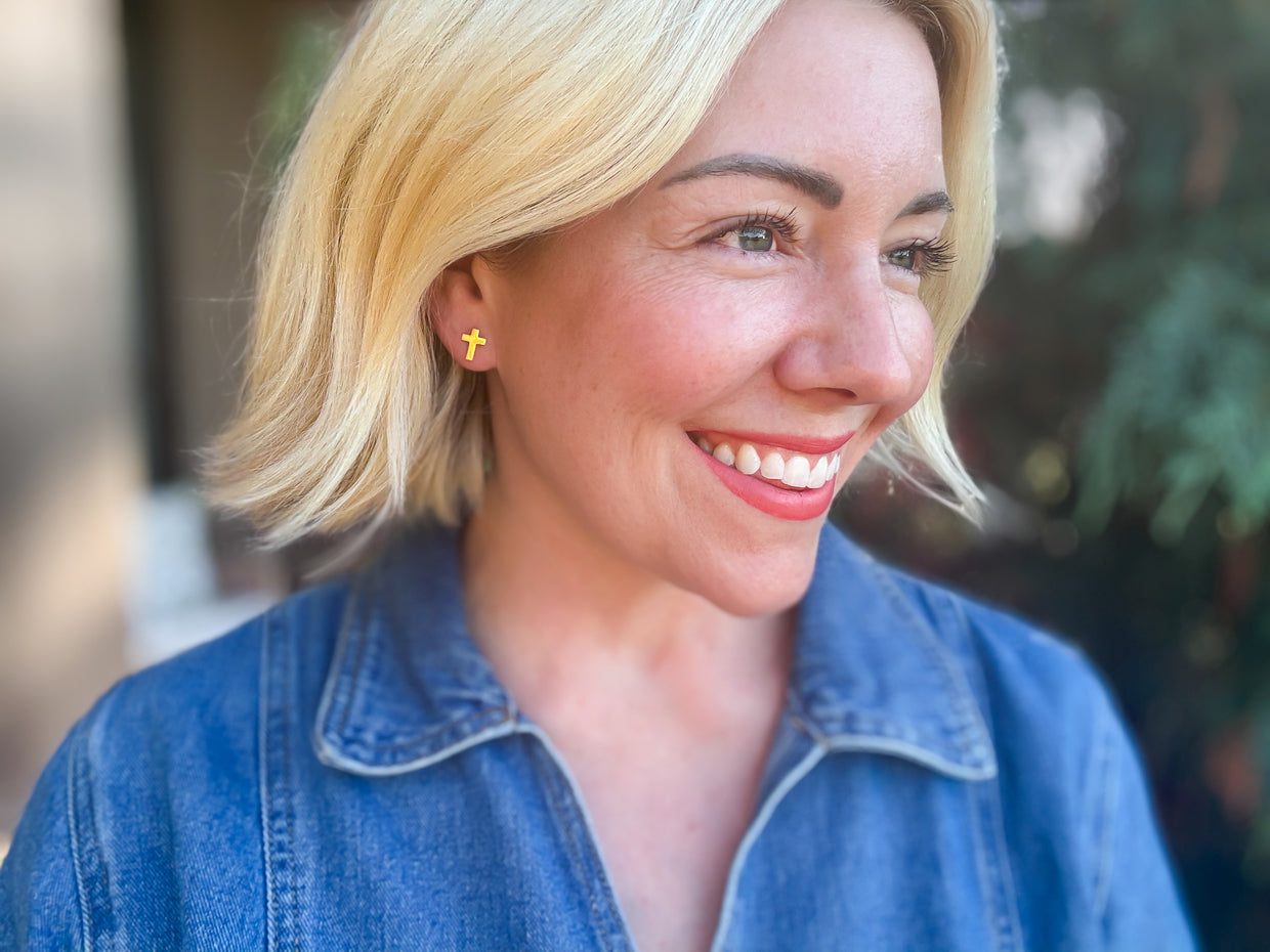 Beatrice Gold Cross Stud Earrings - Min. 2 (E-132)