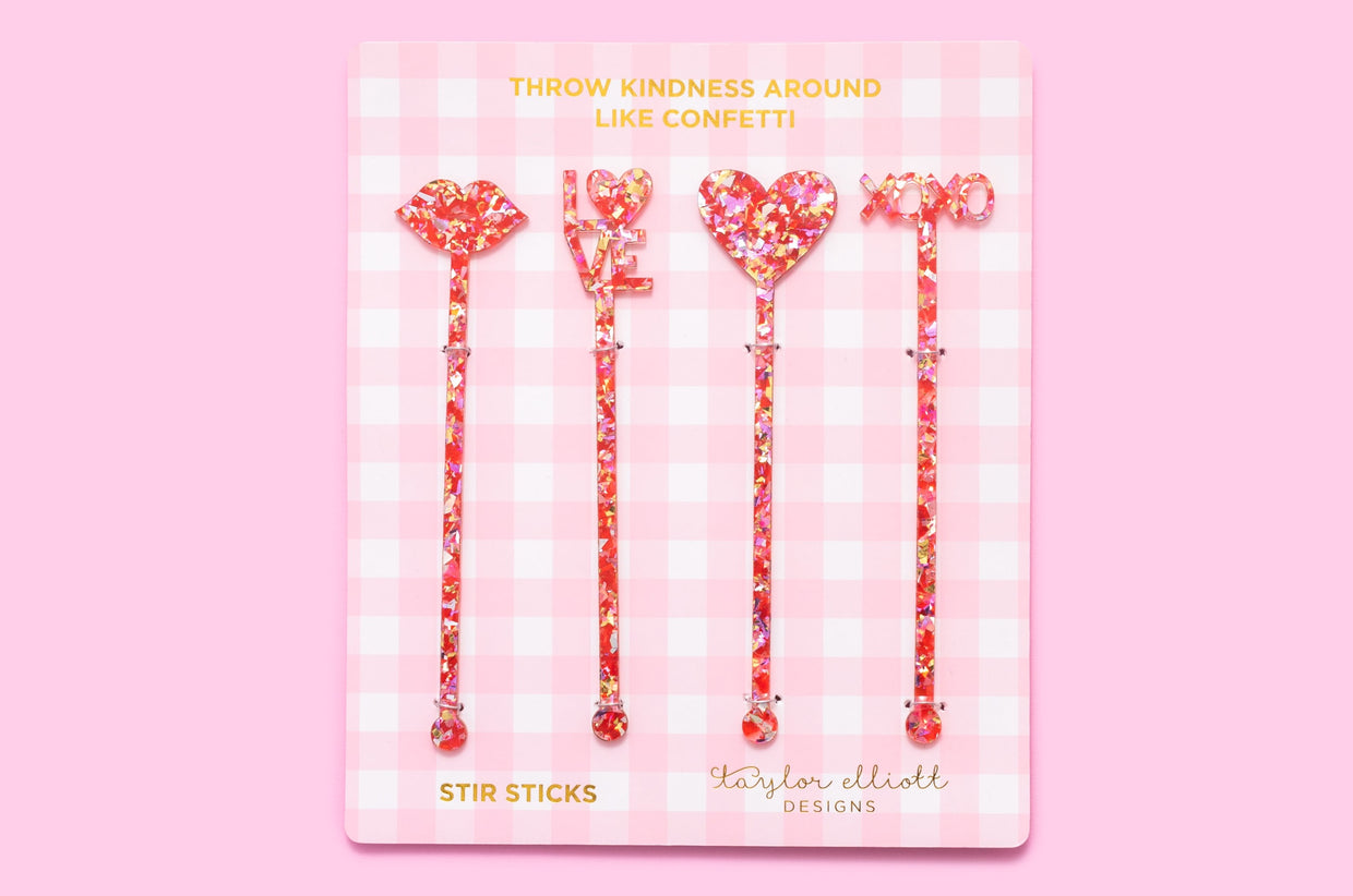 Stir Sticks - Love Asst - Red + Pink Confetti - 4 Piece Set (SS-03)