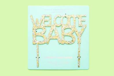 Cake Topper - "Welcome Baby" - Pearl + Gold Confetti (CTOP-11)