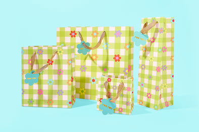 Gingham Flowers Gift Bags (4 Sizes) - Min. 4
