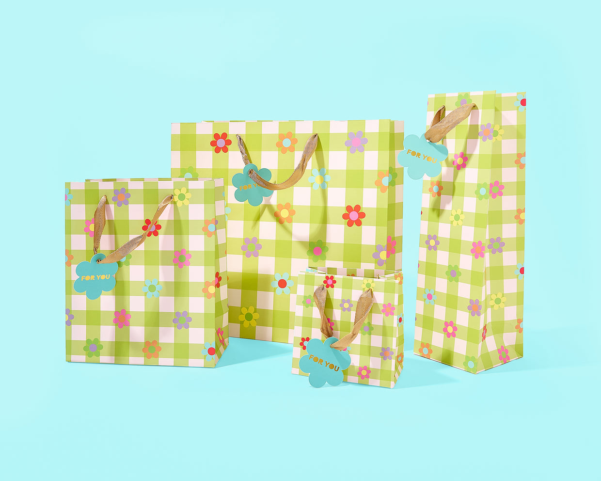 Gingham Flowers Gift Bags (4 Sizes) - Min. 4