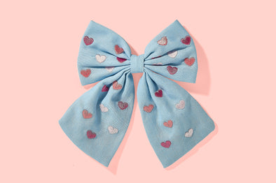 For Fun - Chambray Hearts Hair Bow - Min. 2 (FF-H01)