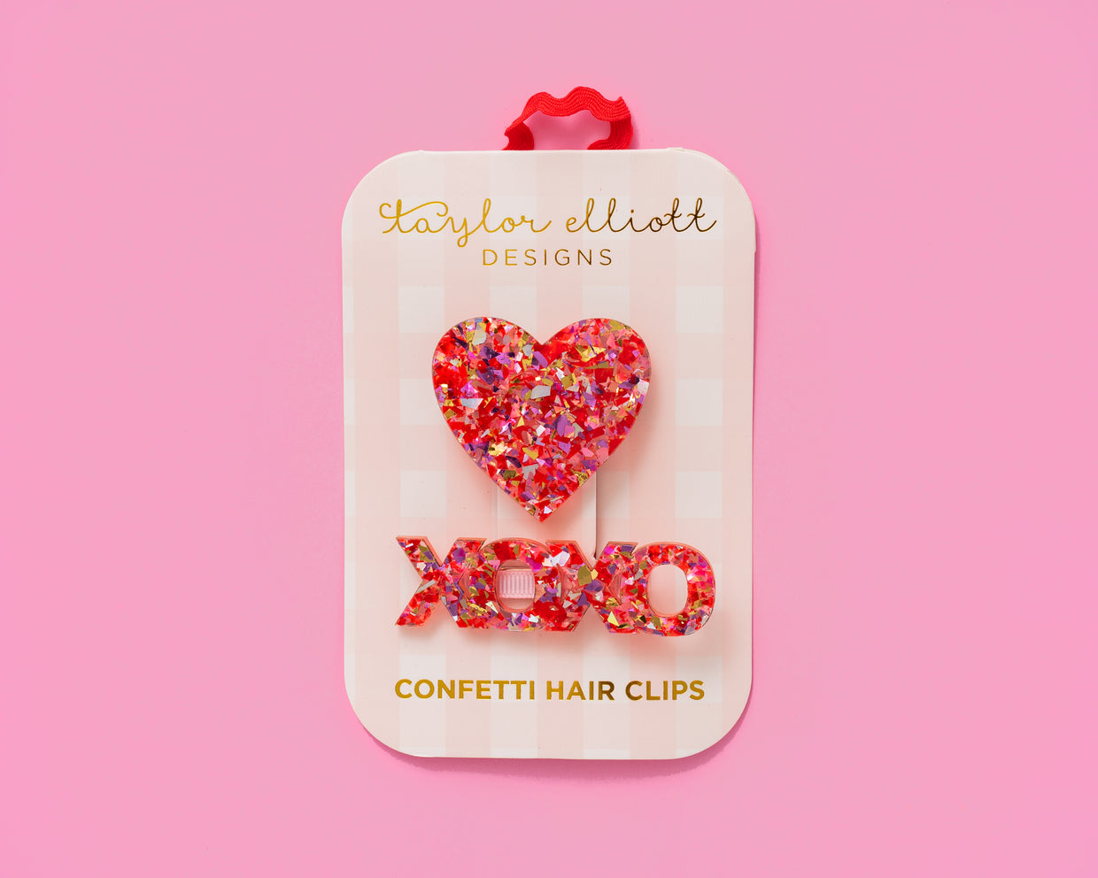 Hair Clips - Heart + XOXO - Red + Pink Confetti - 2 Pc Set (V-07)