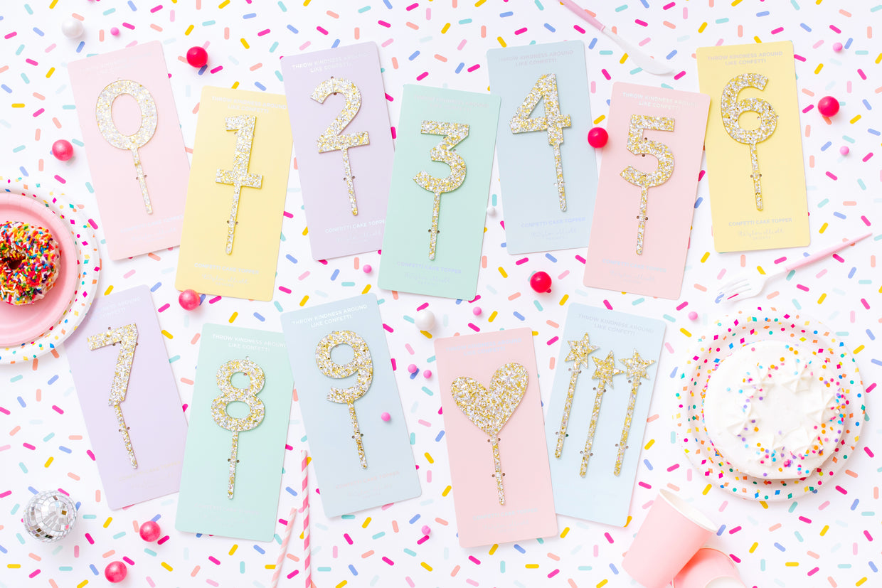 Cake Toppers - Num/Heart/Star - Pearl + Gold Confetti - Each