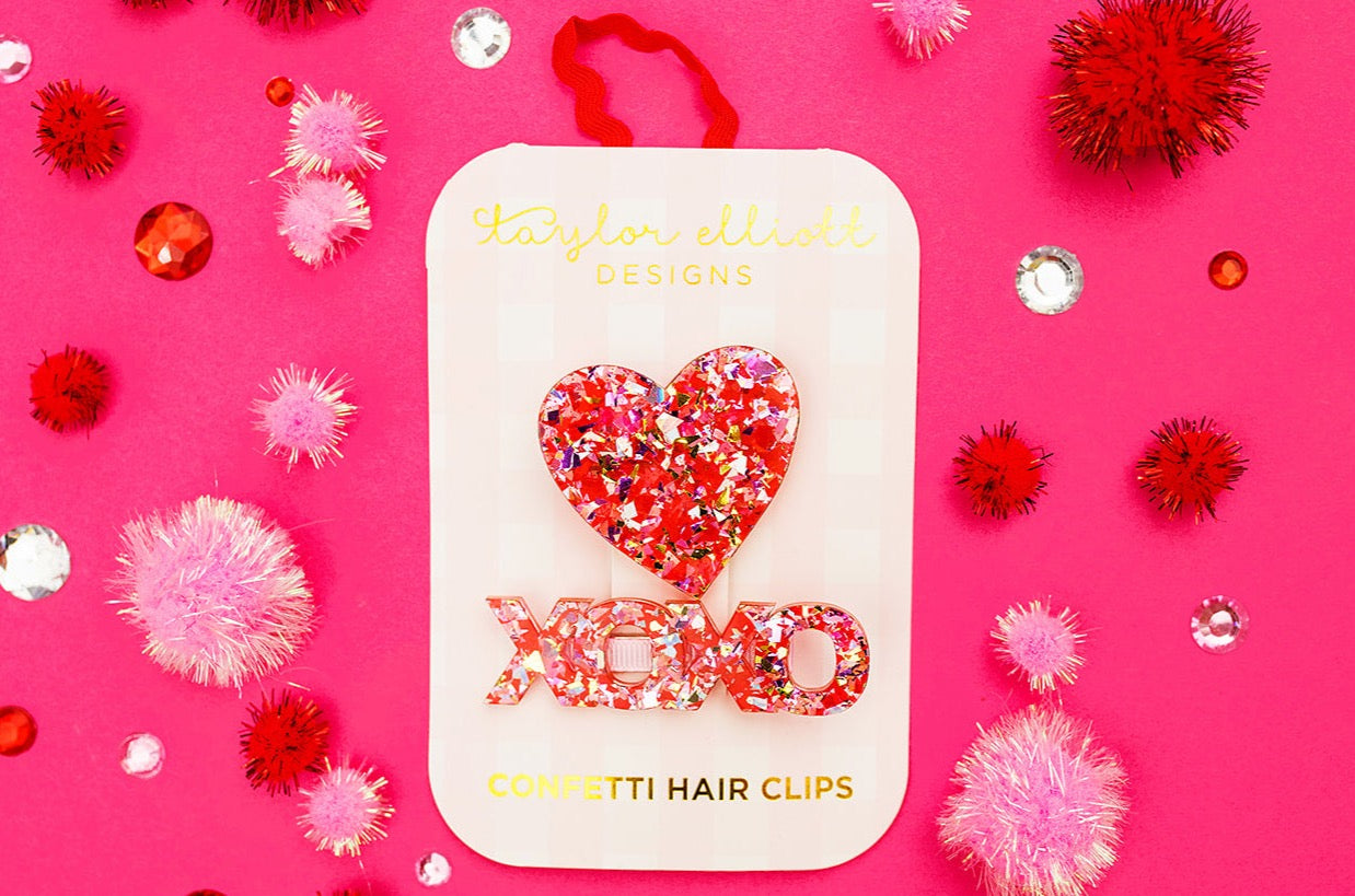 Hair Clips - Heart + XOXO - Red + Pink Confetti - 2 Pc Set (V-07)