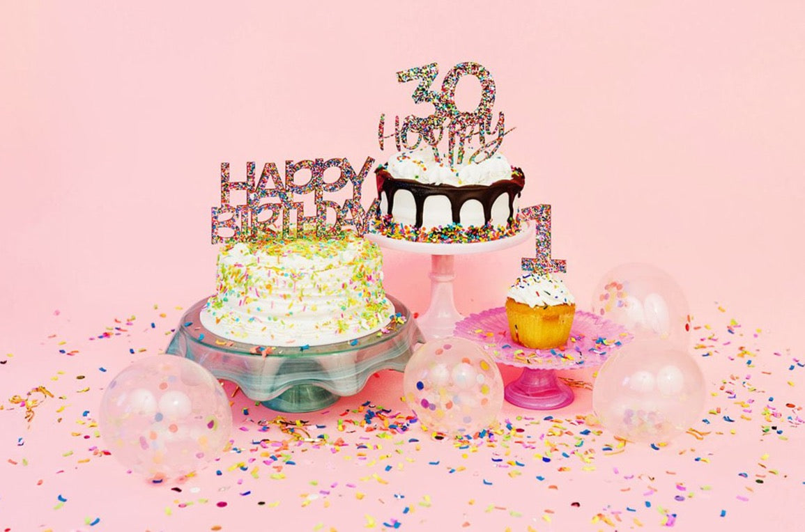 Cake Topper - "Happy Birthday" - Pearl + Gold Confetti (CTOP-13)