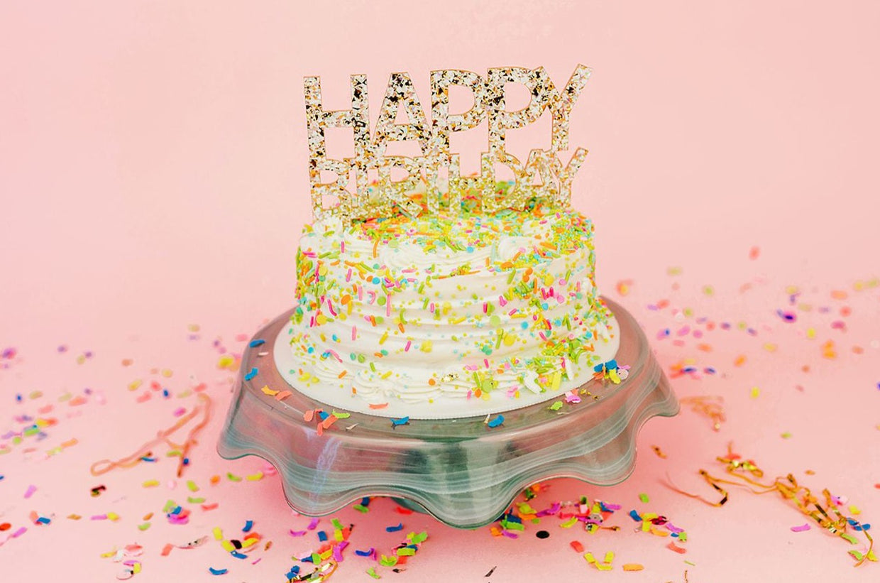 Cake Topper - "Happy Birthday" - Pearl + Gold Confetti (CTOP-13)